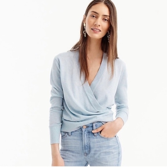J. Crew Blue Lurex Wrap Sweater Size Medium - Picture 1 of 5